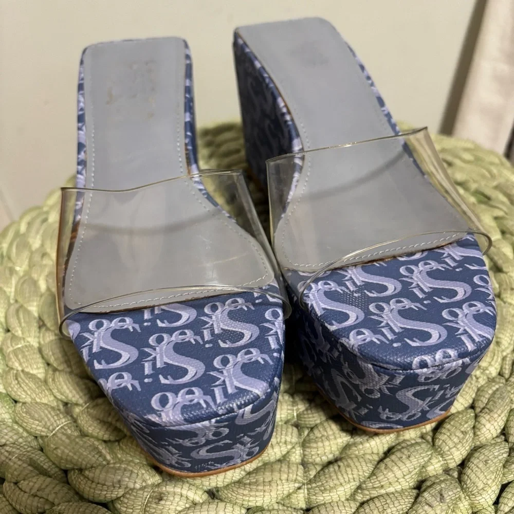 Sooki La La The Rocky La La Clear Slip On Blue Logo Platform Wedge Sandals